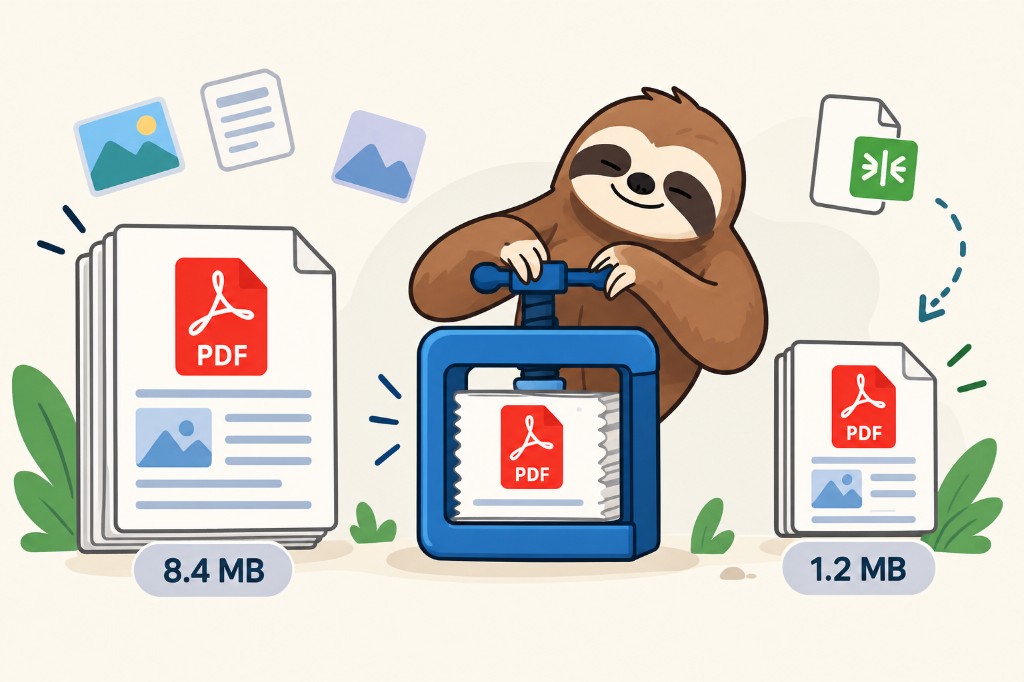 A sloth squeezing a large PDF down to a smaller one, from 8.4 MB to 1.2 MB.